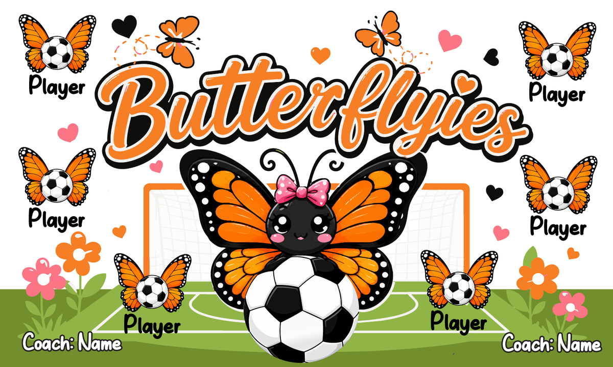Custom Sports Team Banner 3x5 ft – Orange Butterflies Design 1062